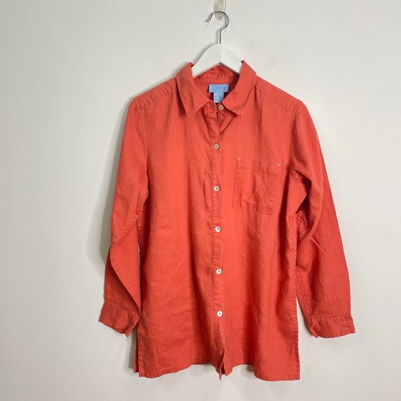 Sigrid Olsen Tops - SIGRID OLSEN So Blue 100% Linen Coral Orange Lightweight Button Down Top sz M